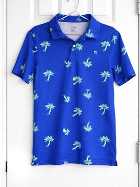 Crown & Ivy Boys Polo Shirt Size Medium Blue Palm Tree Print Short Sleeve